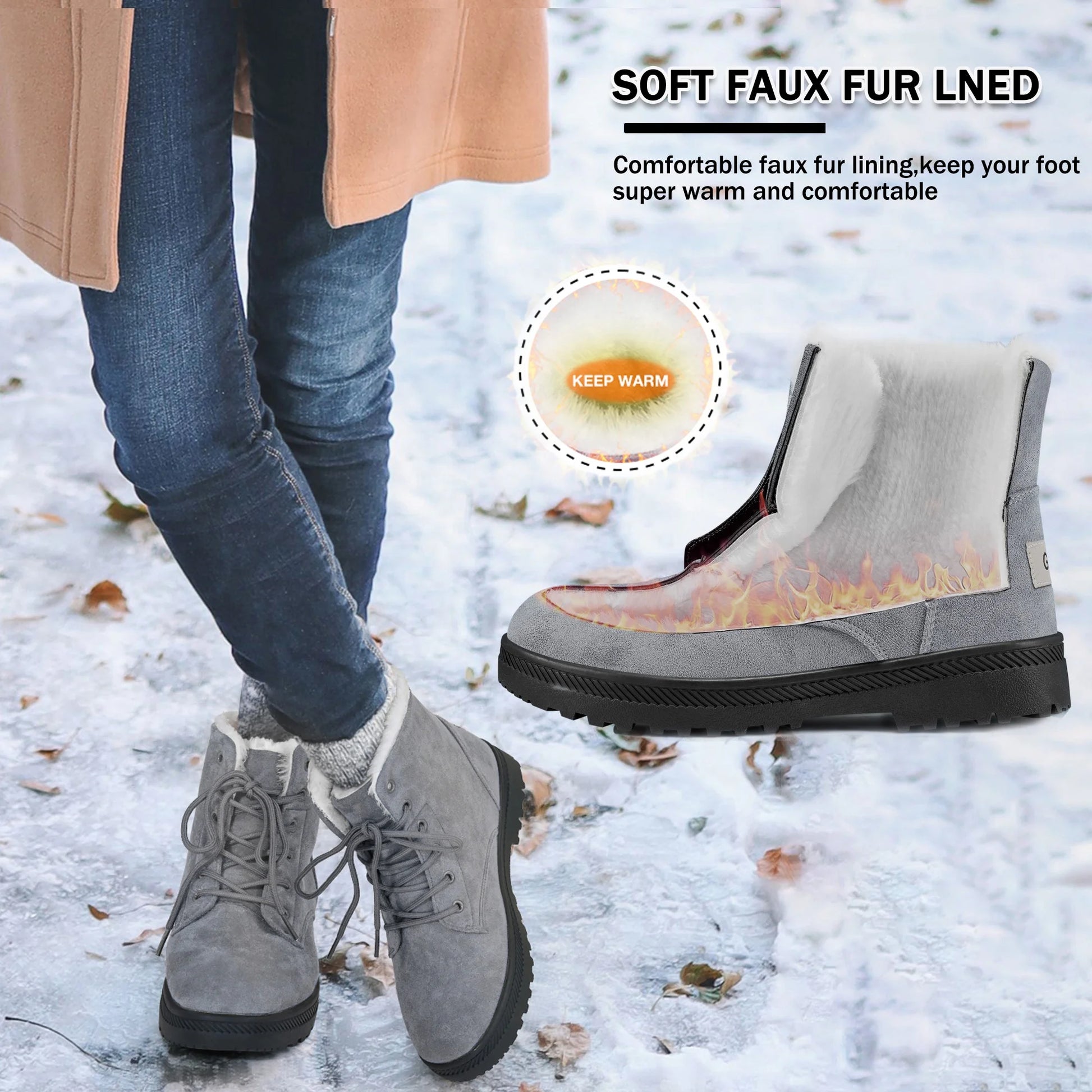 Winter Snow Boots for Women Comfortable Outdoor Anti-Slip Ankle Boots Keep Warm Booties Lace up Flat Platform Shoes