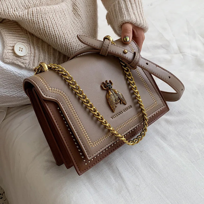 CGCBAG Luxury Brand Women Handbag 2024 New Retro Bee Female Shoulder Bag Simple High Quality Leather Designer Crossbody Bags